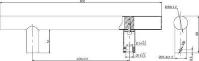 Technical drawing of a door handle with dimensions and specifications.