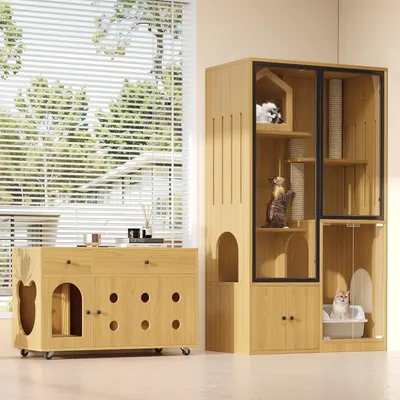 Obrázek produktu pro MODFU Nábytek pro domácí mazlíčky domek set s kočičím stelivem, skleněná kočičí vila se škrabadlem, kočičí dům pro více koček, javorové dřevo