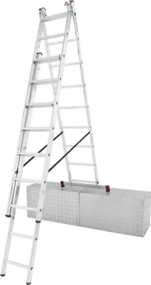 A silver multi-purpose ladder is set up in an A-frame configuration over a silver storage box.
