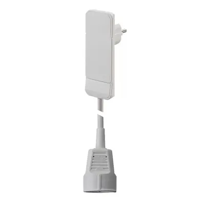 A white electrical adapter with a plug on one end and a socket on the other, connected by a short cable.