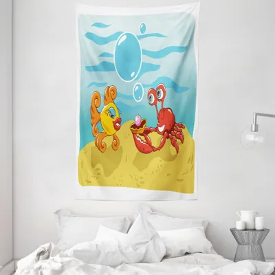 Produktbild von ABAKUHAUS Karikatur Wandteppich und Tagesdecke, Fisch Crab Cartoon aus Weiches Mikrofaser Stoff Waschbar ohne Verblassen Digitaldruck, 140 x 230 cm, Blau Gelb Rot