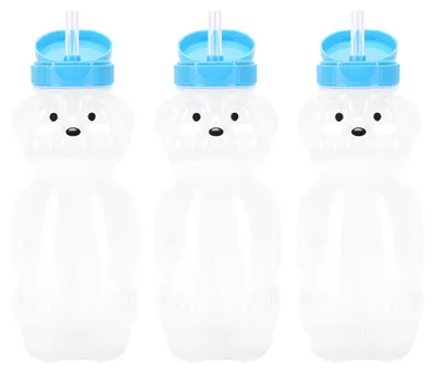 Image de Lot de 3 gobelets-paille en forme d'ours avec couvercle à rabat, capacité de 230 ml, en plastique PE et PP, réutilisables, avec une forme d'animal mignonne, idéal pour les boissons comme le lait, les jus de fruits ou le thé, avec un bouchon bleu