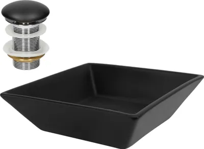 Produktbild von LuxeBath Waschbecken Aufsatzwaschbecken Quadratisch, 41x41x12 cm, Schwarz, aus Keramik, inkl. Ablaufgarnitur ohne Überlauf