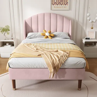 Produktbild von Polsterbett 90*200 mit Lattenrost und Kopfteil, Jugendbett, Einzelbett, Holzlattenunterstützung, Einfache Montage