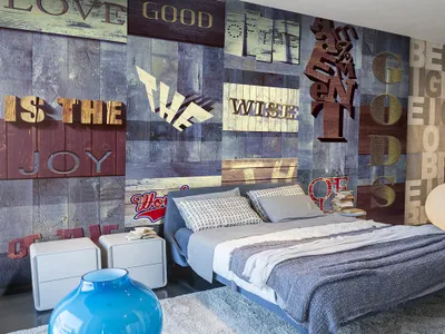 Produktbild von PURO TAPETE - Realistische Tapete ohne Rapport und Versatz 10m Vlies Tapetenrolle Wandtapete modern design Fototapete - Zitat Aufschrift Liebe Love Bretter Holz m-A-0598-j-d