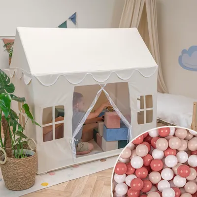 Produktbild von KiddyMoon Spielhaus Kinderzelt Mit 200 Bälle Für Kinder Kinderhaus Faltbares Design Kinder Spielzelt Indoor Kreativität Kinderzelt Für Drinnen Und Draußen Kinderzimmer, Naturfarbe:Pastellbeige/Lachsfarbe/Weiß