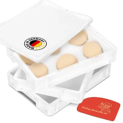 Produktbild von RoyalFay® 3 Pizzaballenboxen 30 x 40 x 7 cm mit 1 Deckel Kunststoffbehälter weiß für Pizzateig mit Spachtel Teig-Gärbox für den Kühlschrank stapelbar