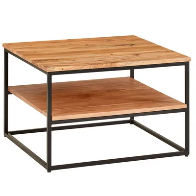 Produktbild von Couchtisch 60x60x41 cm Massivholz Metall Sofatisch Wohnzimmertisch Akazie, Stubentisch Industrial mit Stauraum, Holztisch Quadratisch Kaffeetisch Massiv