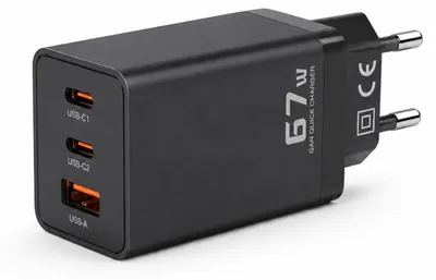 Obrázok produktu pre Nabíjačka GaN s výkonom 67 W, 2x USB-C, 1x USB-A, podpora PD 3.0/QC 4.0, čierna