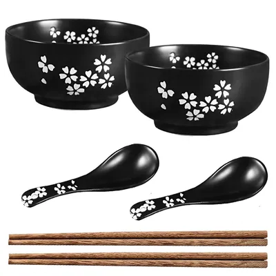 Produktbild von Schwarze Suppenschüssel mit Essstäbchen und Deckel, 2 teiliges Ramenschüssel Set aus Keramik, 1000ml Volumen Nudelschüssel