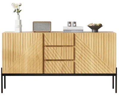 Image de Commode/Buffet avec 2 portes, 3 tiroirs, pieds en métal, dimensions : 150 x 45 x 75 cm, finition naturelle