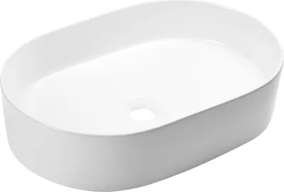 Zdjęcie produktu dla Ceramiczna umywalka nablatowa Desna 50x35, biała, owalna, bez otworów, odporna na przebarwienia, idealna do nowoczesnych łazienek