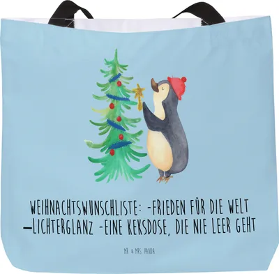 Produktbild von Mr. & Mrs. Panda Tote Bag Pinguin Weihnachtsbaum - Eisblau - Geschenk, Tasche, Einkaufstasche, Reisetasche, Weihnachten, Laptoptasche, Strandtasche, Wintermotiv, Winter