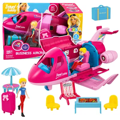 Imagen del producto de Avión Plegable Para Muñecas Set De Viaje Accesorios Muñeca Rosa 9 Piezas.