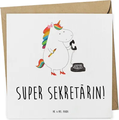 Produktbild von Mr. & Mrs. Panda doppelkarte Einhorn Sekretärin - Weiß - Geschenk, Klappkarte, Glückwunschkarte, Steuerbüro, faltkarte, Einhörner, anlasskarte, Unicorn, Büro, Grußkarte