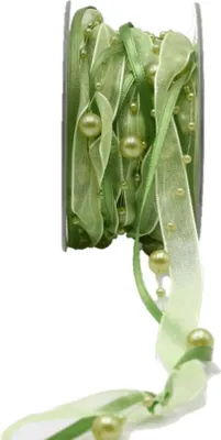 Produktbild von Zierband Perlenschnur CARESA aus Chiffon und Satin, grün, 5m, 20mm - Dekoband