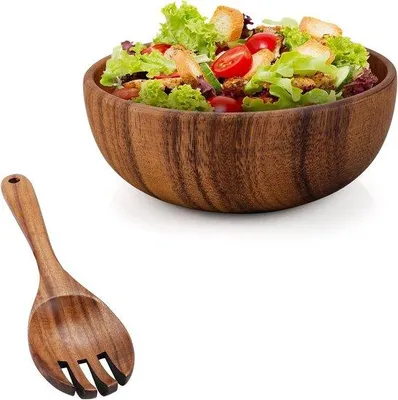 Produktbild von Famanu Salatschüssel 24 cm Akazienholz - große Schüssel mit Serviergabel - Küchengerät