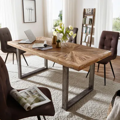 Produktbild von WOHNLING Esstisch Mango Massivholz Esszimmertisch 200x76,5x100 cm Küchentisch Loft Natur Holztisch Massiv mit Metallgestell Industrial Tisch
