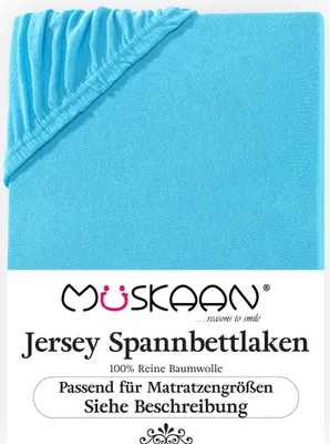 Produktbild von Müskaan Jersey Spannbettlaken 120x200 - 130x200 cm türkis bis 22cm Matratzenhöhe Gummizug Bettlaken 100% Baumwolle