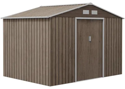 Zdjęcie produktu dla Szopa ogrodowa Outsunny 4,9 m², szopa ogrodowa z dachem jednospadowym, drzwiami przesuwnymi, fundamentem, stal ocynkowana, odporna na warunki atmosferyczne, jasnobrązowa, 277×195×192 cm