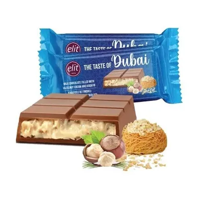 A chocolate bar and its packaging are displayed with decorative elements.