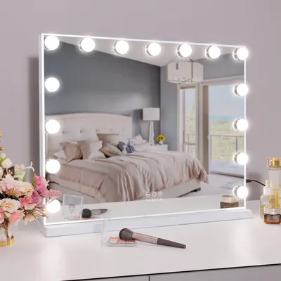 Produktbild von VANITII Hollywood Schminkspiegel 58cm x 46cm mit Beleuchtung 15 Dimmer Leuchten 3 Lichtmodus Kosmetikspiegel für Badzimmer Schminktisch Weiß