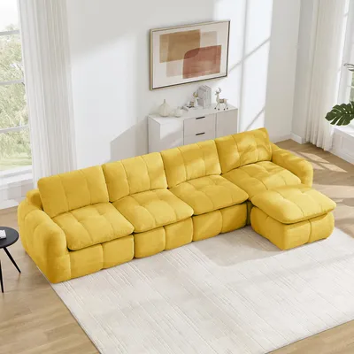 Productafbeelding van Modulaire hoekbank voor 4 personen, bekleed met karosstapeert en chenille, met een brede zitvlak, inclusief ottoman, en zonder montage nodig (geel)