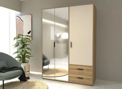 Image de Armoire de chambre - MOKKARO -Reproduction Chene et sable - 3 portes battantes - 2 tiroirs - 2 miroirs - L144,4 x P52,7 x H200cm