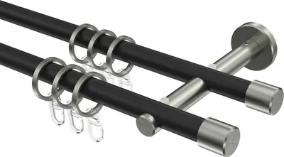 Produktbild von Interdeco Gardinenstange / Vorhangstange Schwarz / Edelstahl-Optik, Typ Medium Casa (Kappe), 16 mm Ø 2-läufig, 360 cm