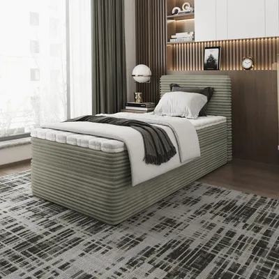 Produktbild von Bett, Boxspringbett, Continentalbett ZENO MINI mit Bonell Matratze, T25 Topper, Einzelbett mit Container, H3 90x200 cm, (Olive - Tilia 37)