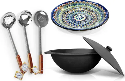 Produktbild von 12 L Kazan Usbekisch Gusseisen Schaumlöffel Kasan Lagan Kochtopf WOK Namangan