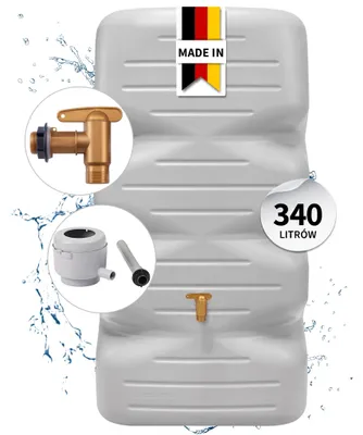 Zdjęcie produktu dla GARANTIA CUBUS kompletny zestaw zbiornika ogrodowego na deszczówkę 340 l, szary beton, w zestawie plastikowy kran spustowy i przyłącze do rury spustowej, Obraz wygenerowany przez AI