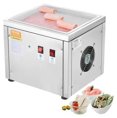 A stainless steel ice cream roll machine with a cooling pan and rolled ice cream on top, with bowls of ice cream and fruit salad in the foreground.