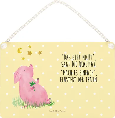 Produktbild von Mr. & Mrs. Panda Schild Schwein Glück DIN A5 - Gelb Pastell - Geschenk, Motivation, Träume, holzbild, Türschild, Wandbild Holz, Holzschild, Lustige Sprüche, Ziele, Sterne