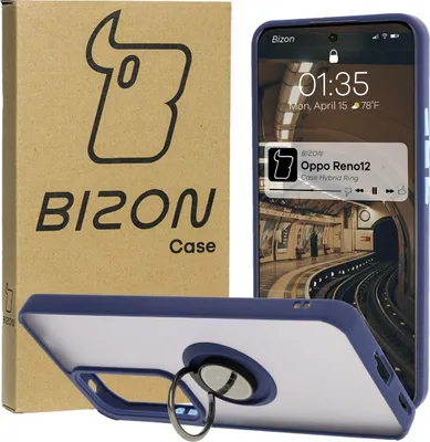 Produktbild von Bizon Case Hybrid Ring Fingerring Hülle für Oppo Reno 12, Rauch mit marineblauem Rahmen