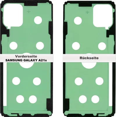 Two adhesive stickers for a Samsung Galaxy A21s phone, one labeled 'Vorderseite' (front) and the other 'Rückseite' (back).