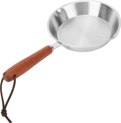 A stainless steel frying pan with a wooden handle and a leather loop, shown against a white background.