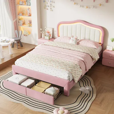 Produktbild von Flieks Polsterbett 140 x 200 cm mit Kopfteil, Tagesbett mit Schubladen, Kinderbett mit Rückenlehne und LED-Beleuchtung, Rosa, Samt + Sperrholz+MDF