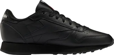 A black Reebok Classic Leather sneaker is shown from the side against a white background.