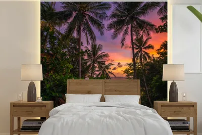 Produktbild von MuchoWow® Fototapete für Wohnzimmer oder Schlafzimmer Wandtapete Vinyl Motivtapete Sonnenuntergang - Palmen - Strand - 280x280 cm - Hintergrundbild