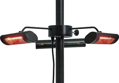 A close-up view of a black patio heater with multiple heating elements attached to a central pole.