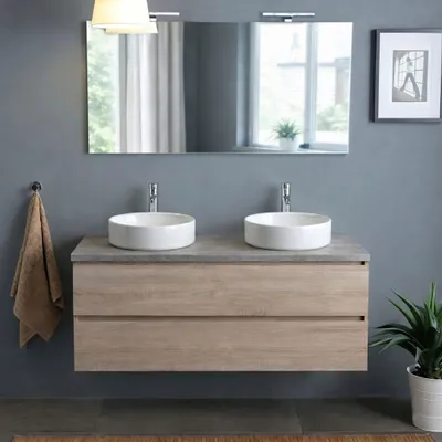 Immagine prodotto di Mobile bagno sospeso 120 cm rovere con top beton, specchio 120x60 e 2 lampade | Berlin