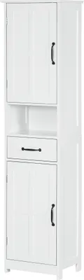 A white bathroom cabinet with two doors, a drawer, and an open shelf.