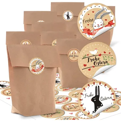 Produktbild von Logbuch-Verlag 10 kleine braune Papiertüte Geschenktüten 14 x 22 x 5,6 cm + 24 Osterhase Osteretiketten rund Frohe Ostern Geschenk Aufkleber grün gelb pink bunt"Frohe Ostern" beige, rot, weiß