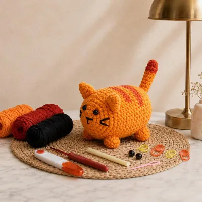 Image de Kit de crochet ProximaX pour créer un chat amigurumi orange, avec instructions et accessoires