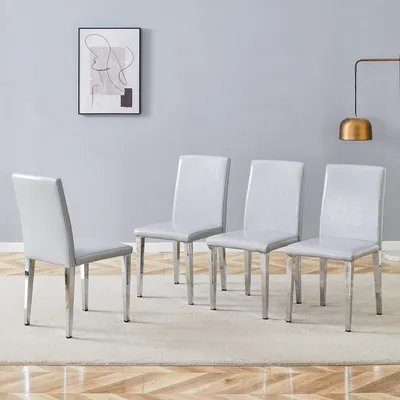Imagen del producto de Juego de 4 sillas de comedor, diseño minimalista, tapizadas en cuero sintético (PU), patas de metal (gris claro, plateado)