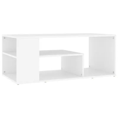 A white, modern coffee table with multiple shelves, shown against a white background.