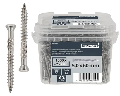 Produktbild von HELPMATE - Terrassenschrauben Edelstahl A2 Rostfrei - Dielenschrauben + 2 T25 Bits - Terrassendielen Schrauben für Außenbereich (Terrassenbau, Gartenhäuser, Bauholzkonstruktionen etc.)