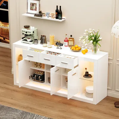 Produktbild von okwish Sideboard mit 3 Schubladen,Kommode mit LED Beleuchtung und Staufächer,Wohnzimmerschrank mit Boden aus gehärtetem Glas,Weiß
