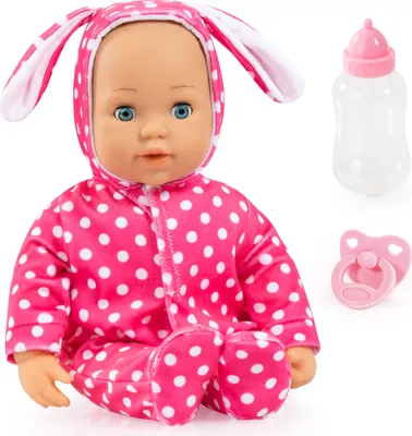 Produktbild von Bayer Design 93822AB Babypuppe Anna, spricht 24 Babylaute, weicher Körper, Schlafaugen, Schnuller, Flasche, 38 cm, pink, weiß